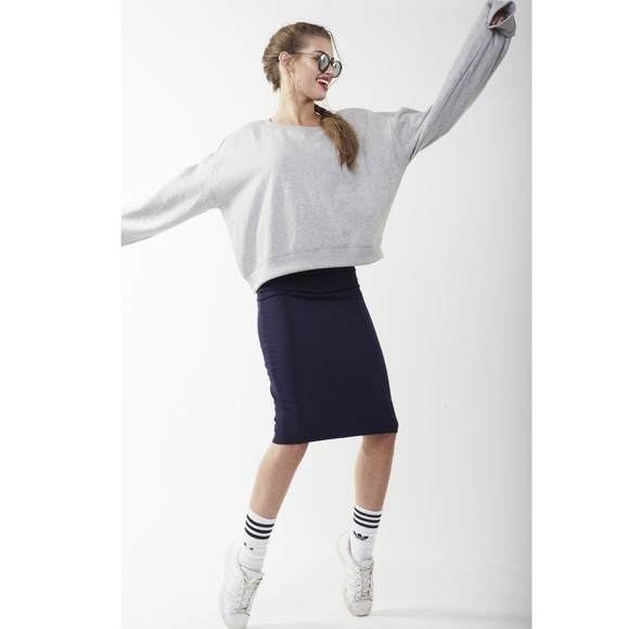 NEW Navy Tube Modest Foldover Bodycon Midi Skirt - Picture 3 of 6